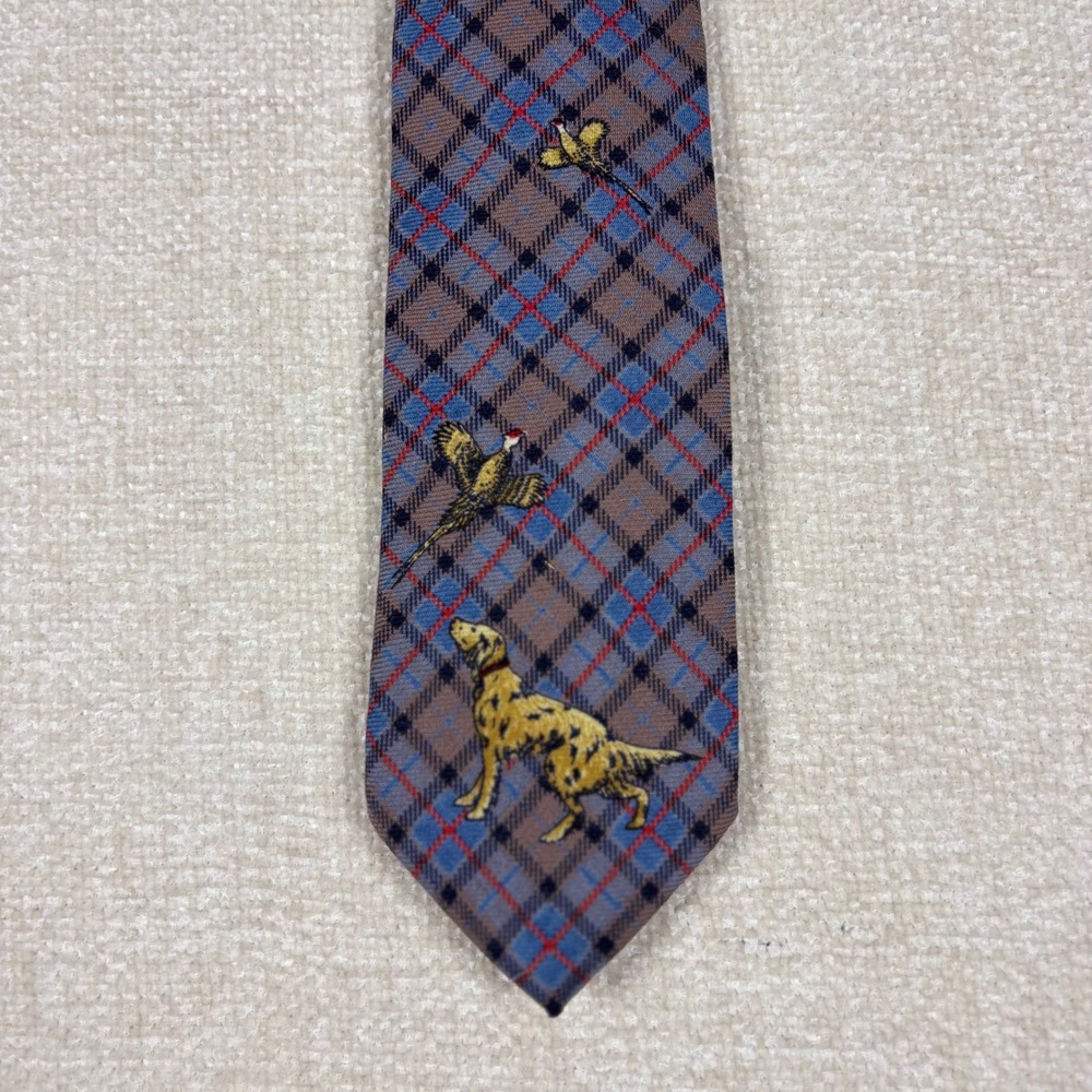 Vintage Polo Ralph Lauren Wool Tie Plaid Hunting Dog Pheasant Brown Blue Tie USA